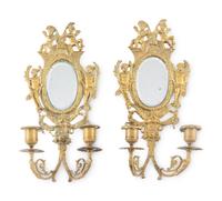 A Pair Of French Brass And Mirror-Inset Two-Light Sconces