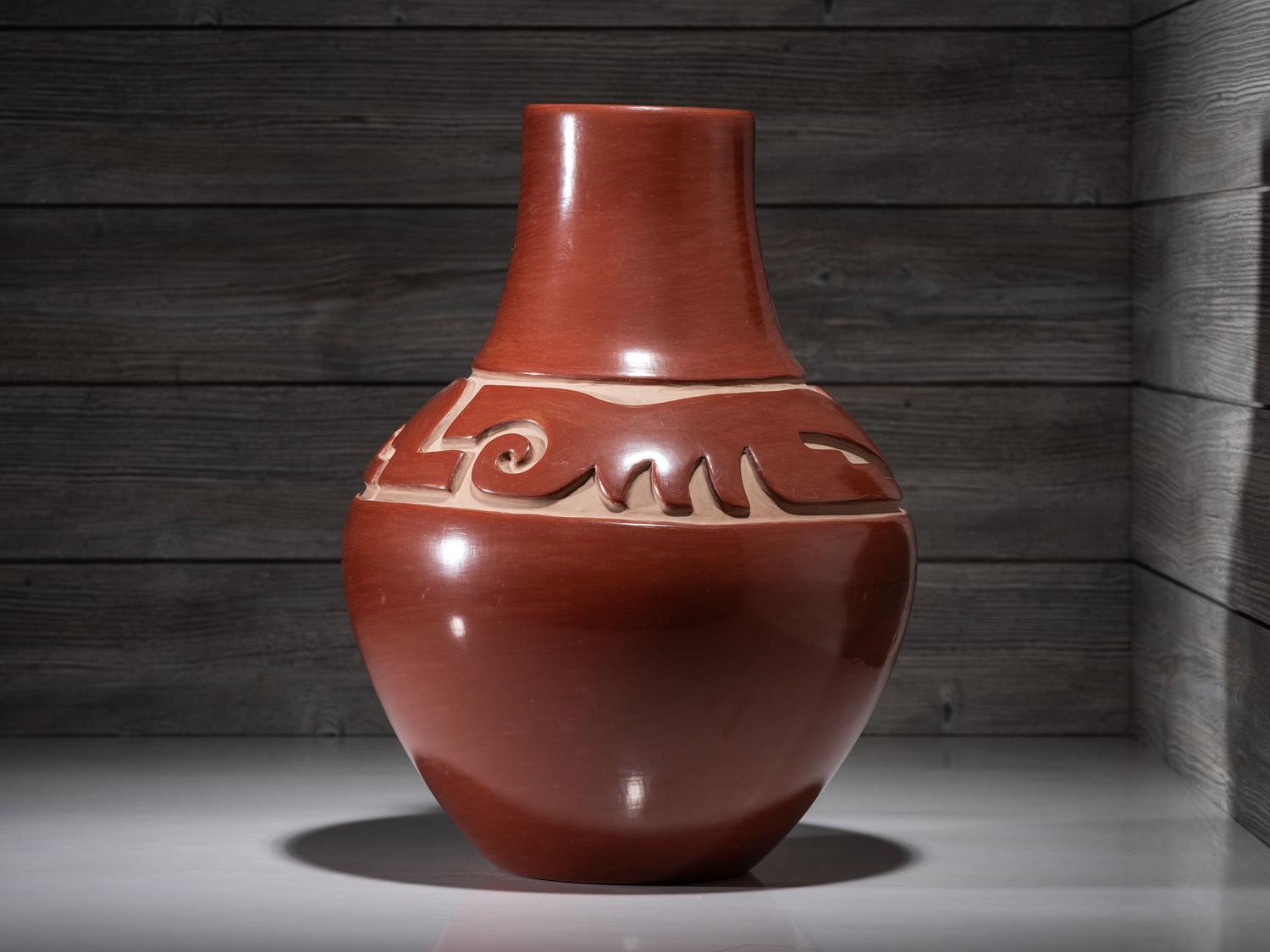 Carved Redware Pottery Vase, with Avanyu