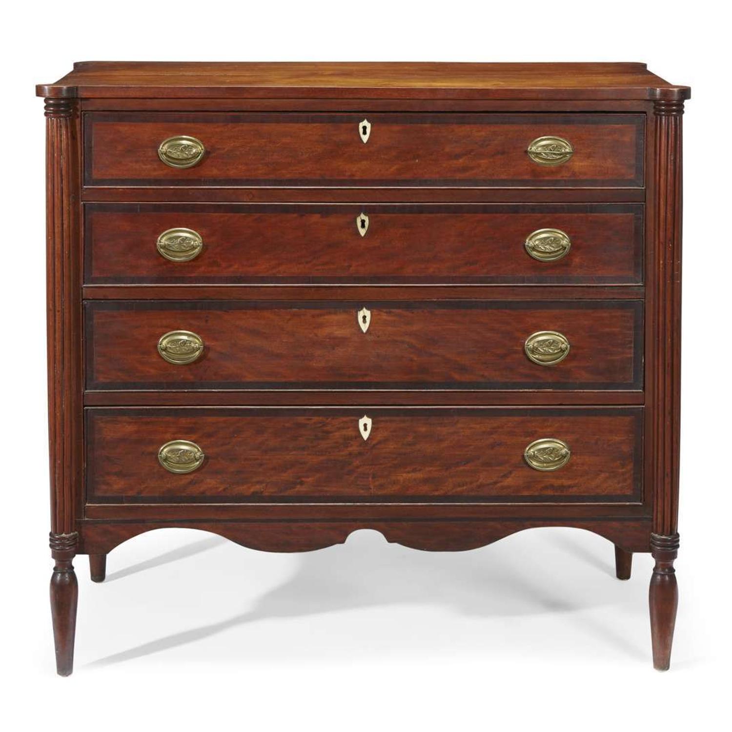 Federal inlaid cherrywood and bird's eye maple chest of drawers New England, circa 1815