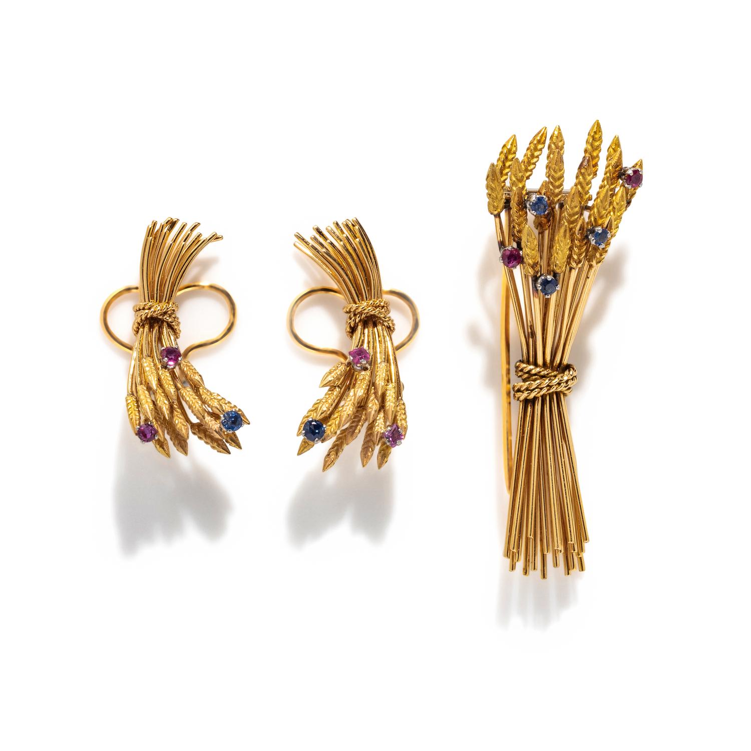 FRENCH, YELLOW GOLD, RUBY AND SAPPHIRE SET