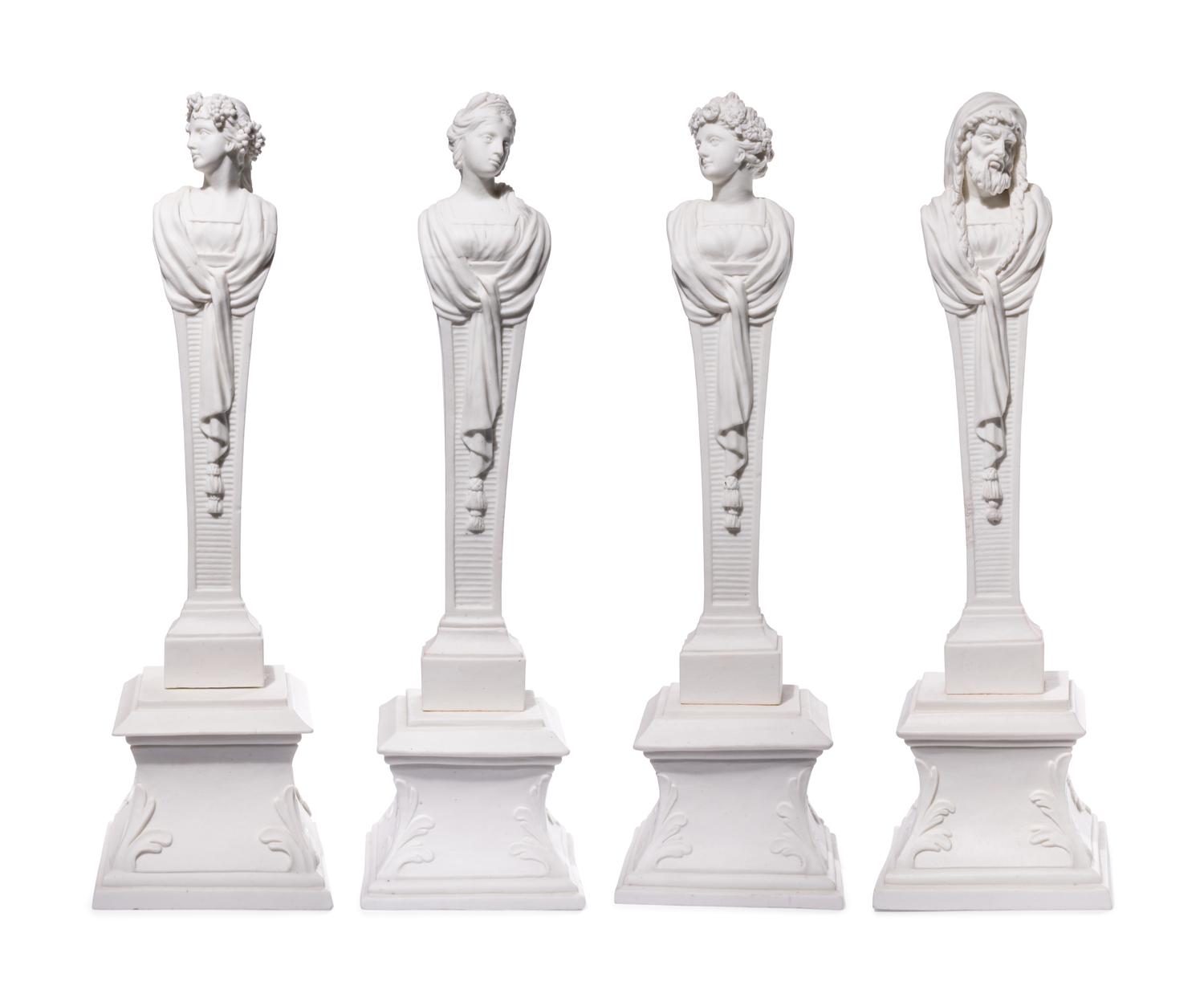 Four Mennecy Biscuit Porcelain Herm Figures Emblematic of the Seasons