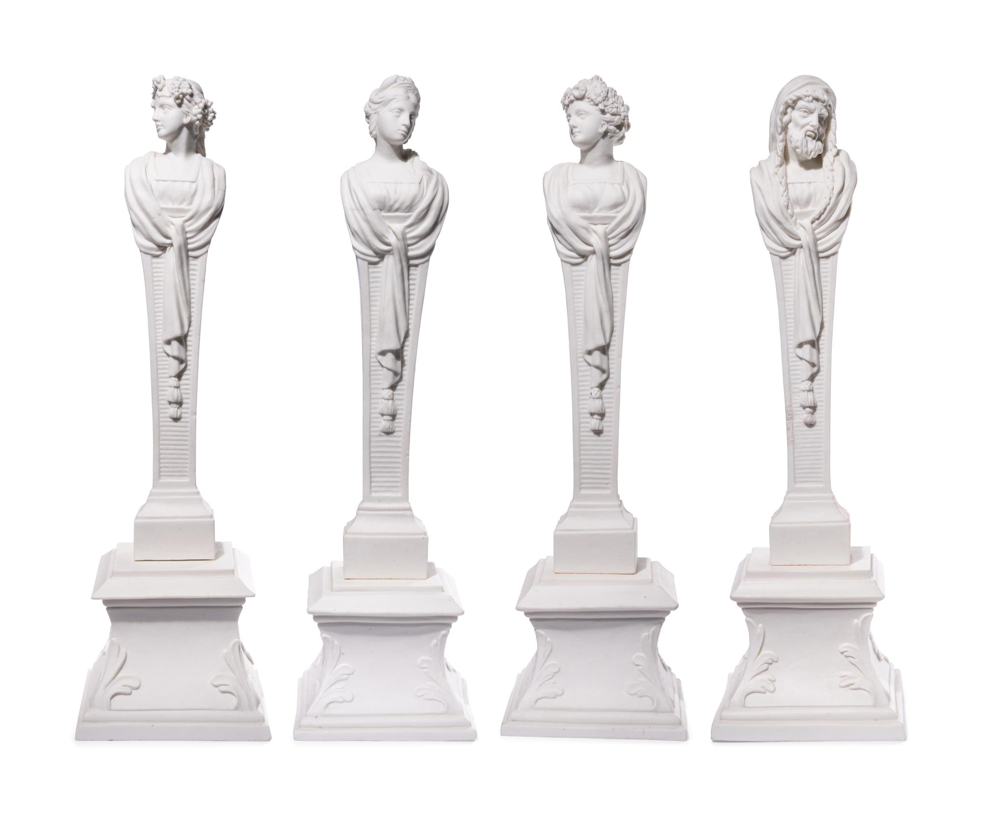 Four Mennecy Biscuit Porcelain Herm Figures Emblematic of the Seasons