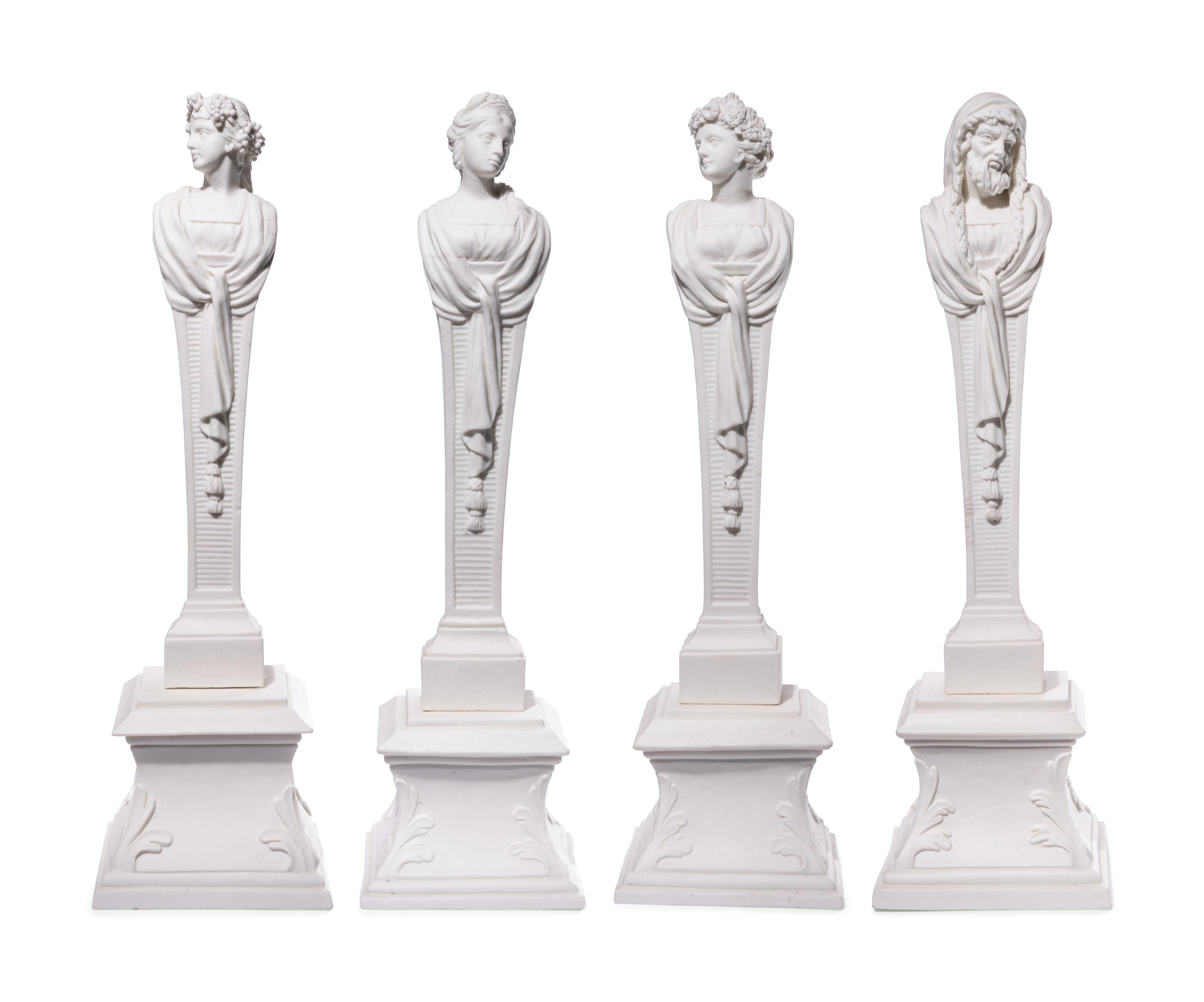 Four Mennecy Biscuit Porcelain Herm Figures Emblematic of the Seasons