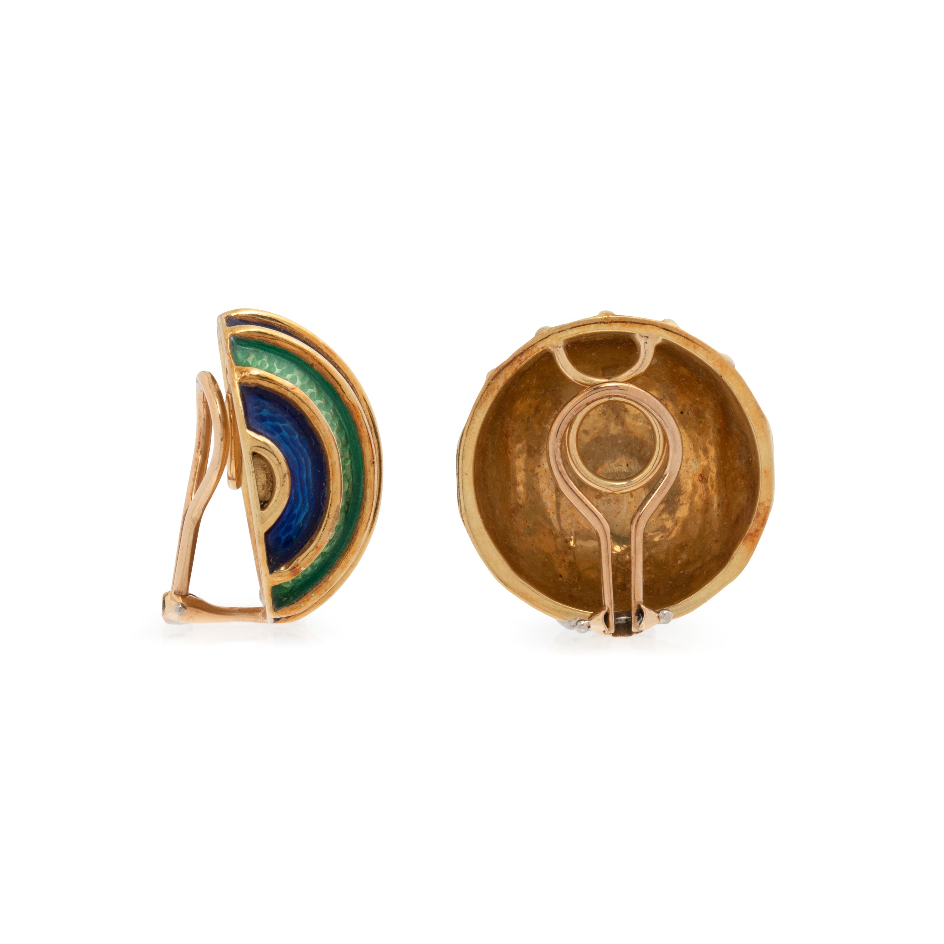 BLUE AND GREEN ENAMEL BUTTON EARRINGS