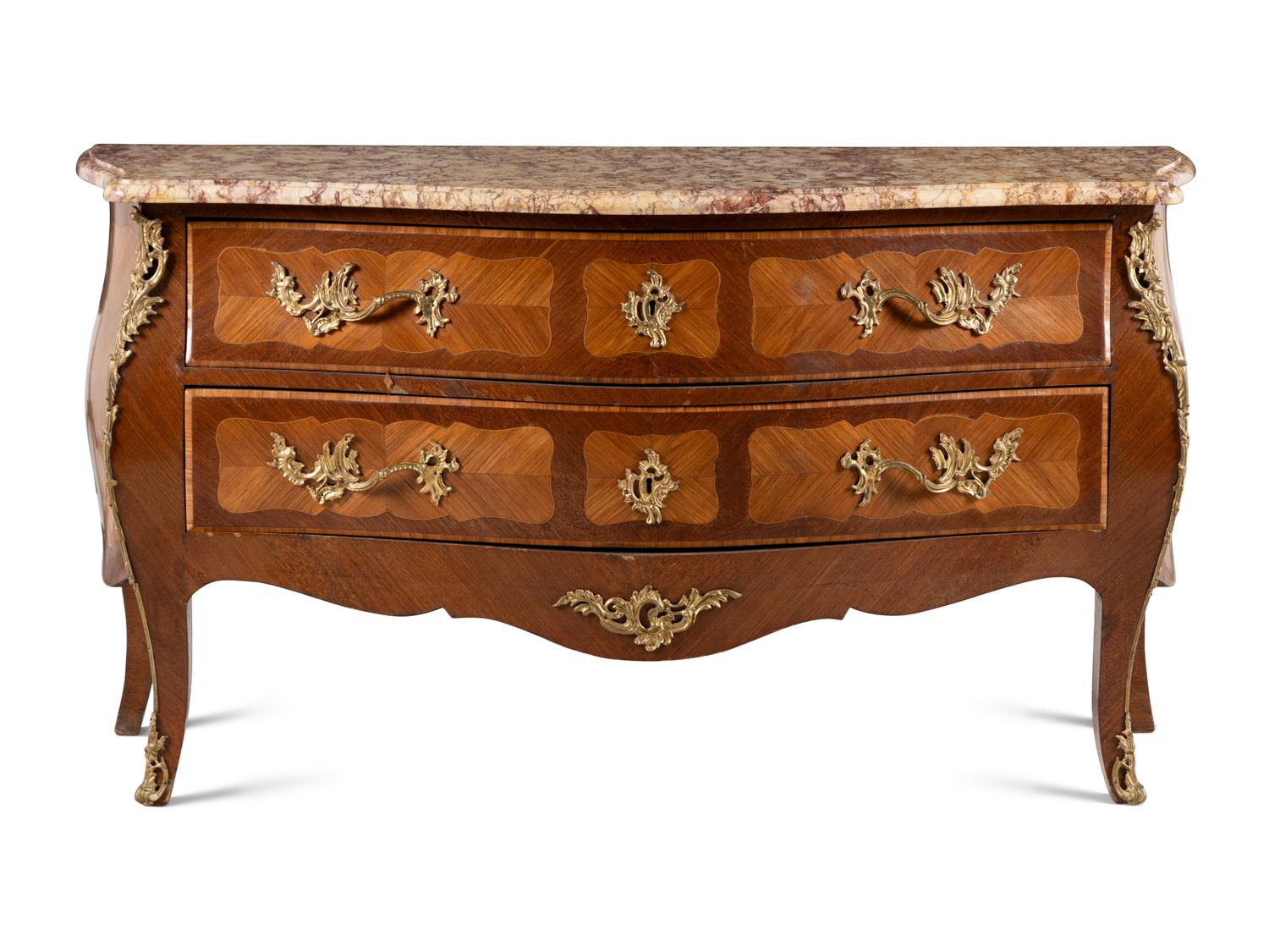 A Louis XV Style Gilt Bronze Mounted Kingwood and Tulipwood Marble-Top Commode