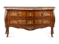 A Louis XV Style Gilt Bronze Mounted Kingwood and Tulipwood Marble-Top Commode