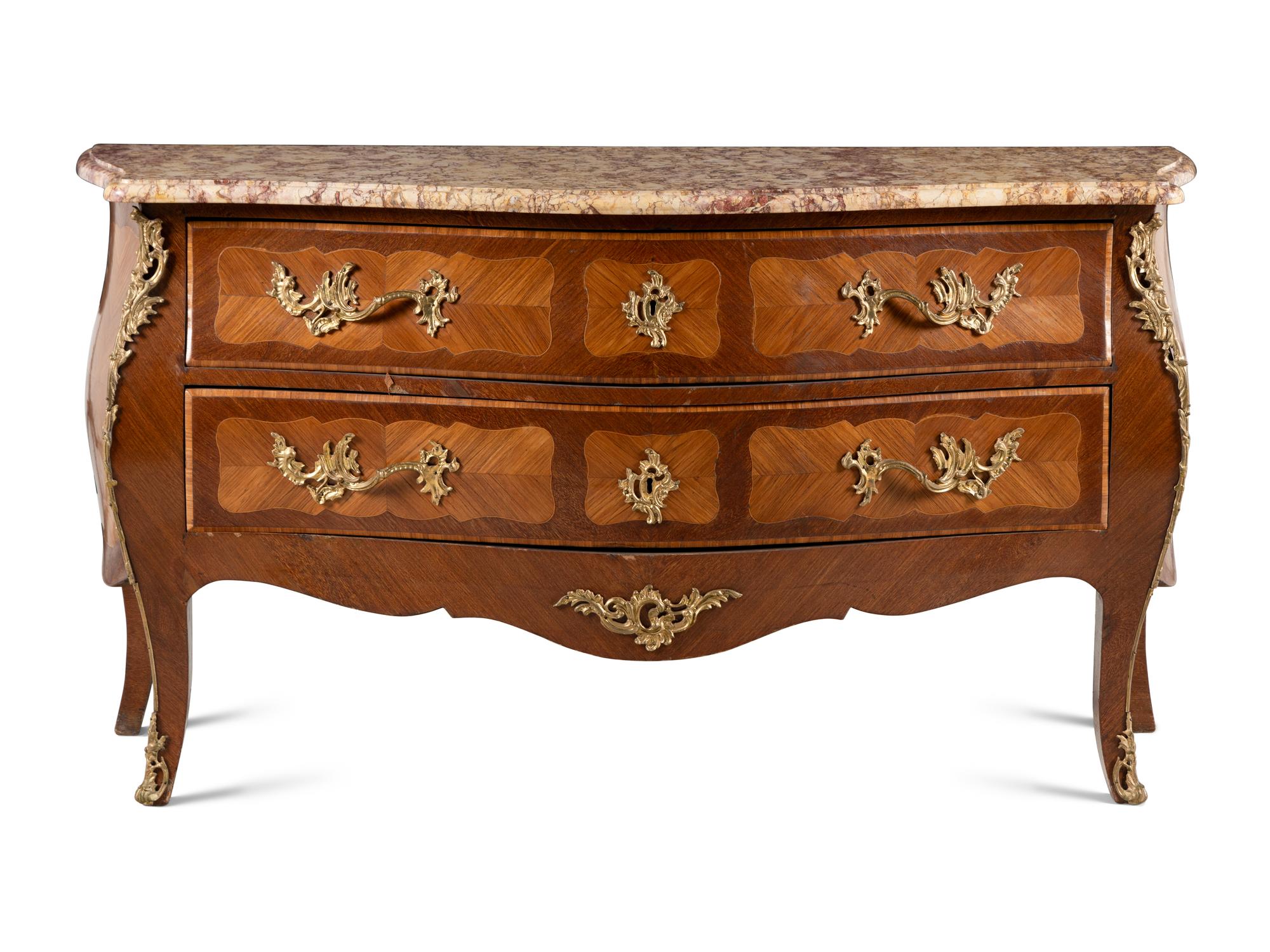 A Louis XV Style Gilt Bronze Mounted Kingwood and Tulipwood Marble-Top Commode