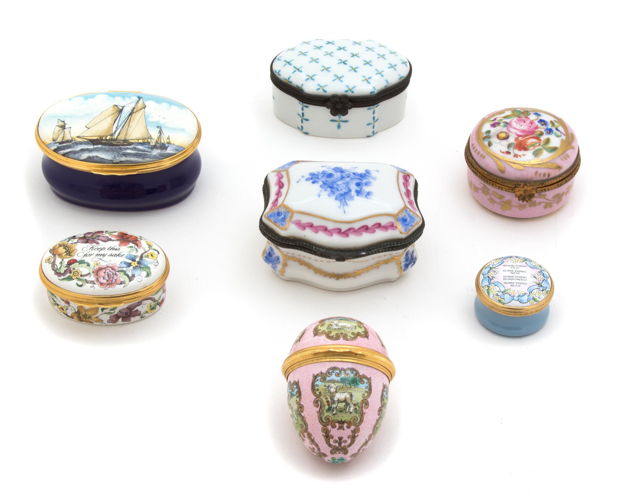 A Group of Seven French Porcelain Gilt Metal Mounted Boxes Dimensions of largest Height 4 1/2 x width 7 1/4 x depth 5 inches. — 19TH/20TH CENTURY