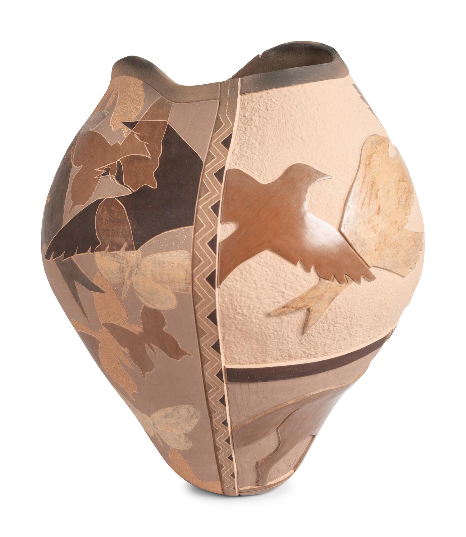 Carved Pottery Jar, with Birds and Butterflies