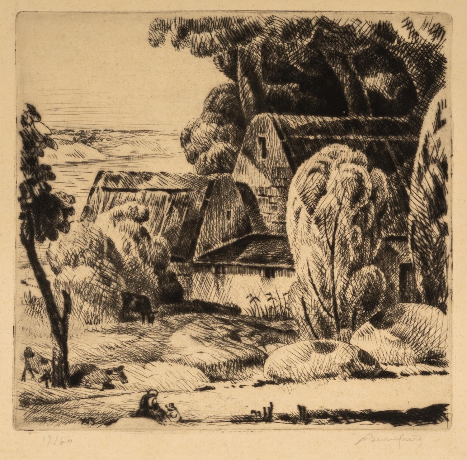 A Group of Works by Various Artists, , including Cottage by the Stream by Adolphe Beaufrère (French, 1876-1960), The Tumble by Edmund B