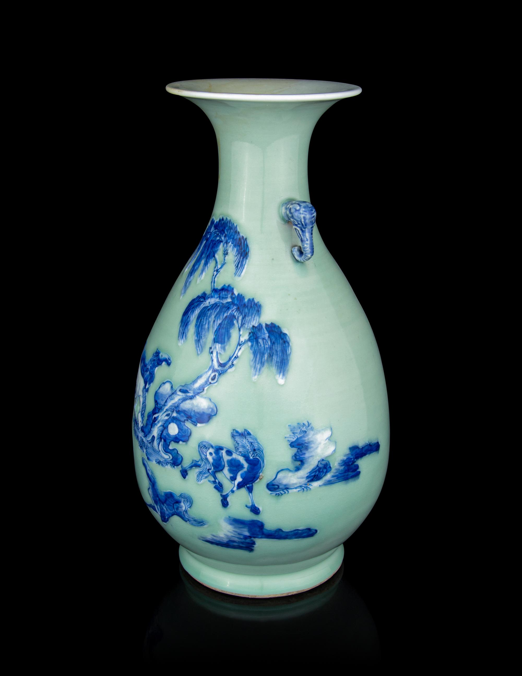 A Celadon Ground Blue and White Porcelain Baluster Vase
