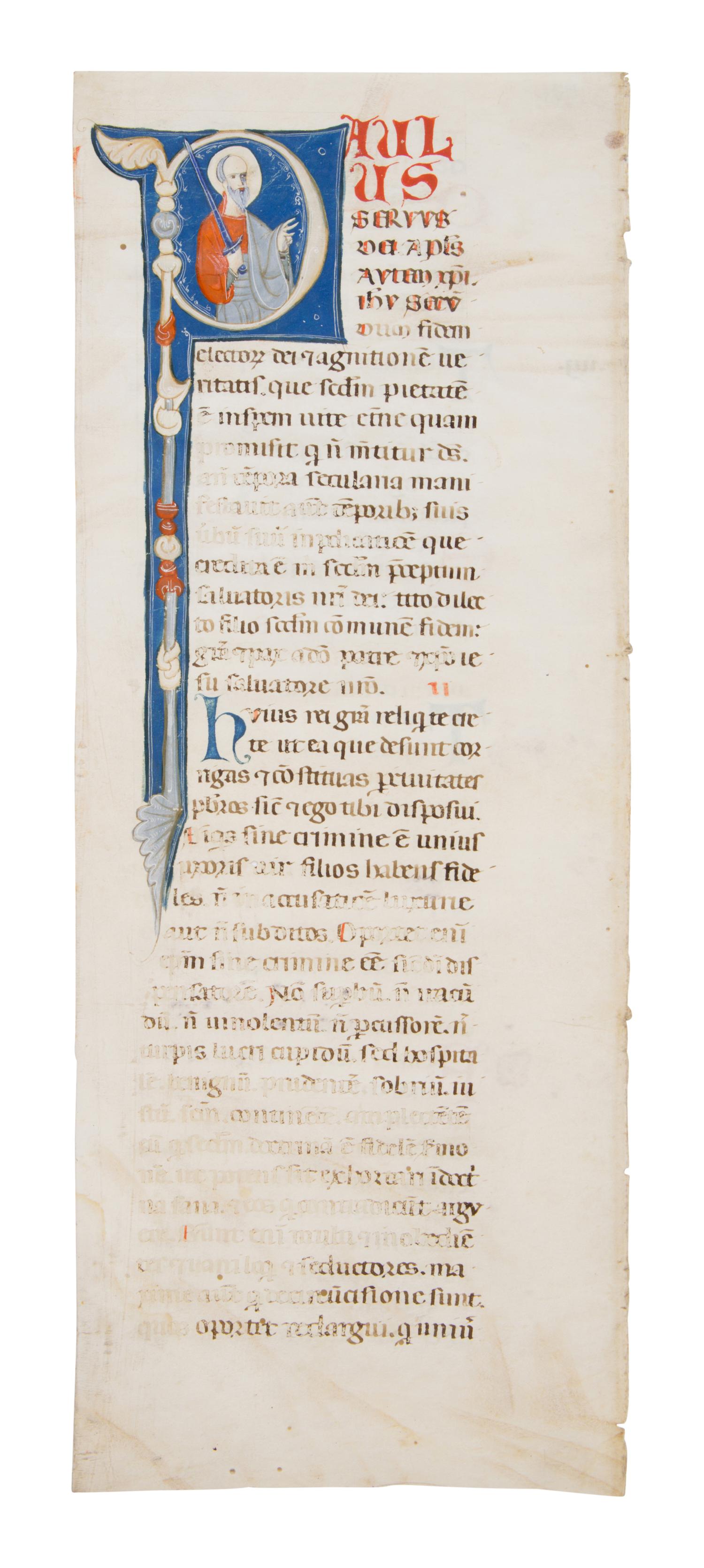 FOLLOWER OF THE MASTER OF BAGNACAVLLO and THE MASTER OF IMOLA Cutting with historiated initial ‘P’ of Saint Paul from an Atlantic Bible, in Latin, illuminated manuscript on parchment [Italy, Bologna, c. 1270]