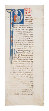 FOLLOWER OF THE MASTER OF BAGNACAVLLO and THE MASTER OF IMOLA Cutting with historiated initial ‘P’ of Saint Paul from an Atlantic Bible, in Latin, illuminated manuscript on parchment [Italy, Bologna, c. 1270]