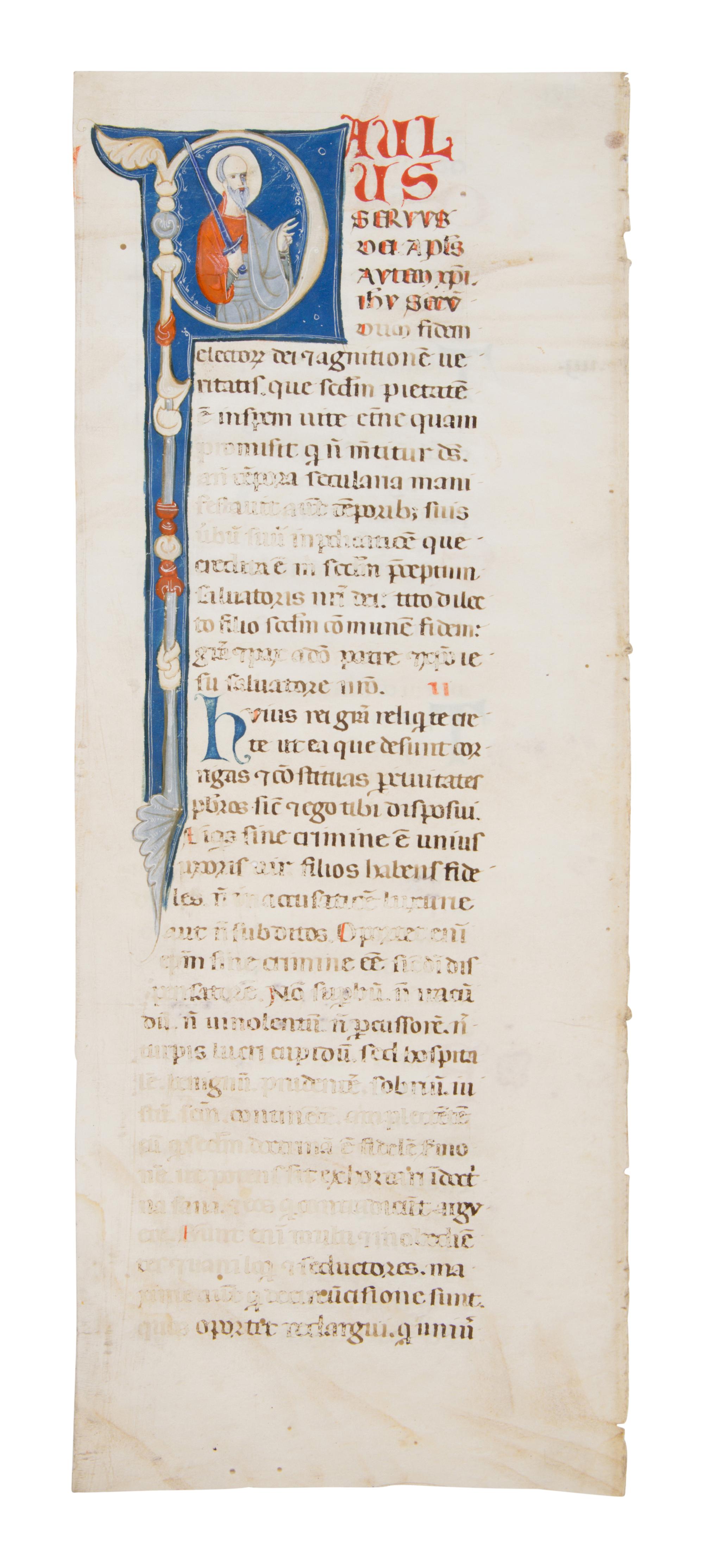 FOLLOWER OF THE MASTER OF BAGNACAVLLO and THE MASTER OF IMOLA Cutting with historiated initial ‘P’ of Saint Paul from an Atlantic Bible, in Latin, illuminated manuscript on parchment [Italy, Bologna, c. 1270]