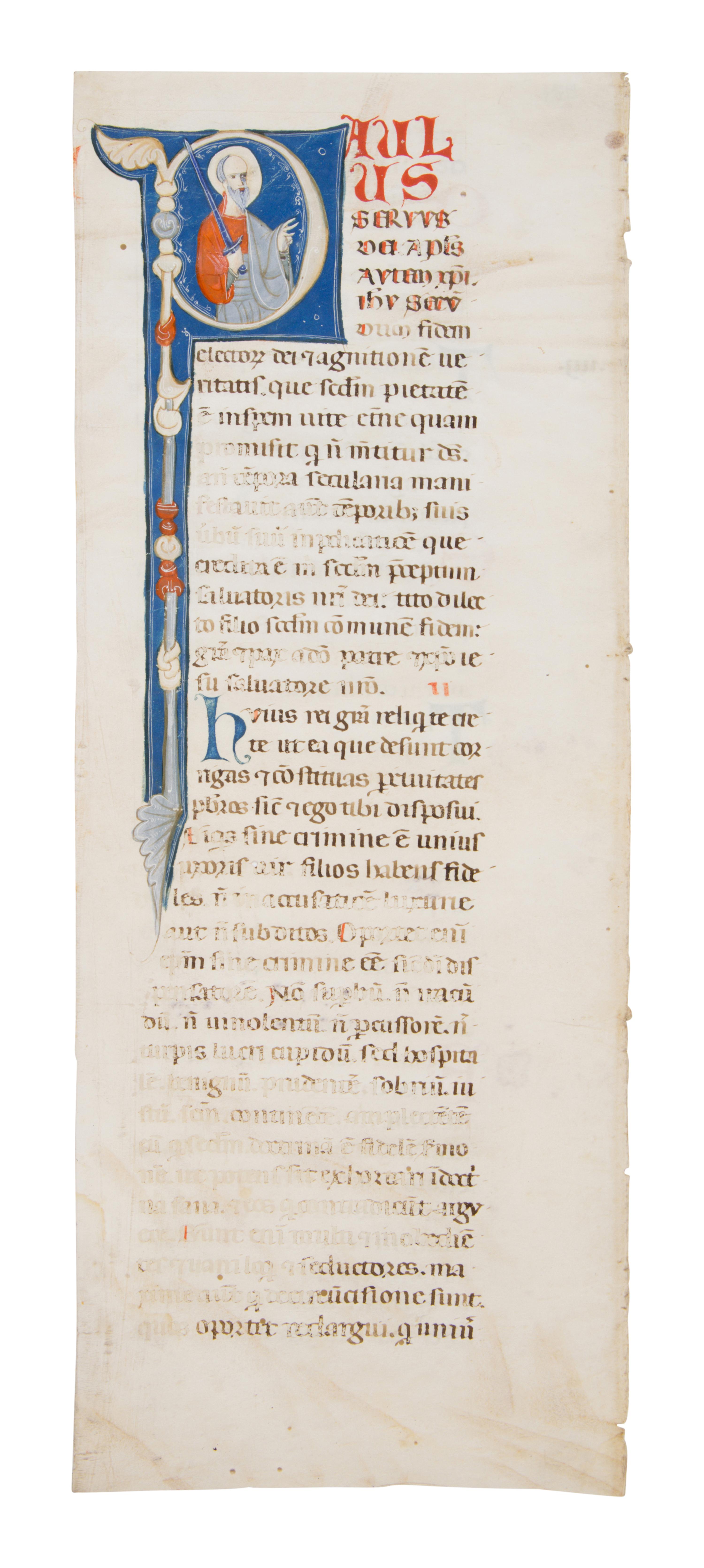 FOLLOWER OF THE MASTER OF BAGNACAVLLO and THE MASTER OF IMOLA Cutting with historiated initial ‘P’ of Saint Paul from an Atlantic Bible, in Latin, illuminated manuscript on parchment [Italy, Bologna, c. 1270]