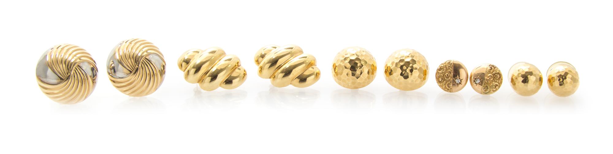 A Collection of Yellow Gold Earrings, 17.60 dwts.
