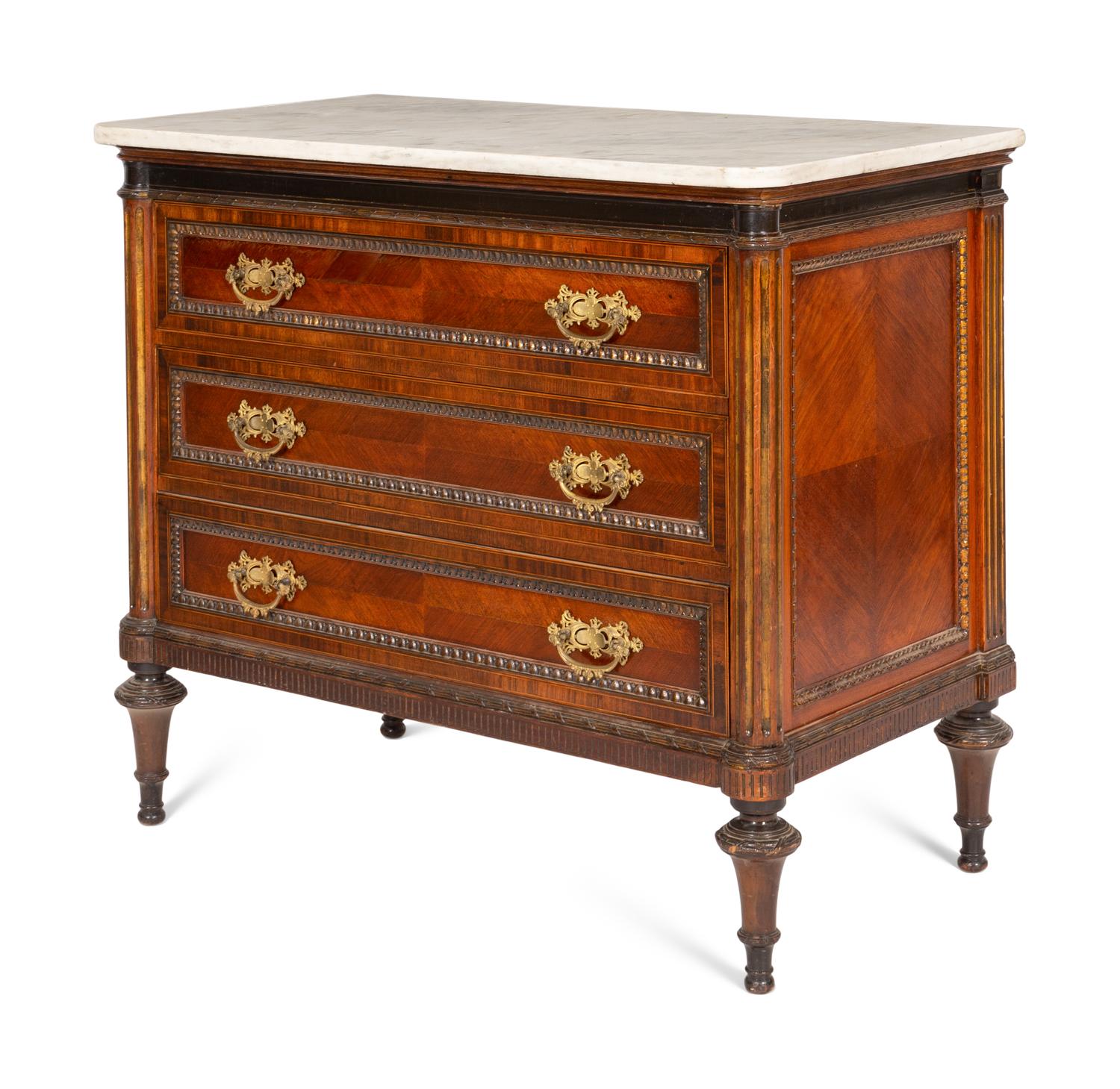A Pair of Louis XVI Style Gilt Bronze Mounted Mahogany Marble-Top Chests of Drawers