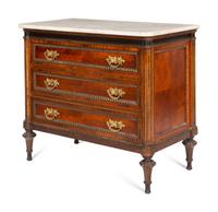A Pair of Louis XVI Style Gilt Bronze Mounted Mahogany Marble-Top Chests of Drawers