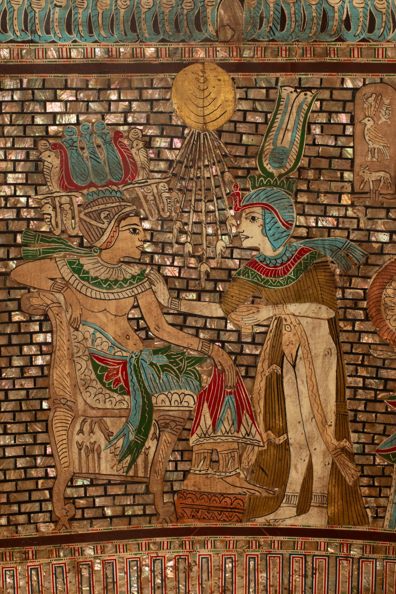 An Egyptian Style Abalone Inlaid Marquetry and Giltwood Armchair