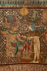 An Egyptian Style Abalone Inlaid Marquetry and Giltwood Armchair