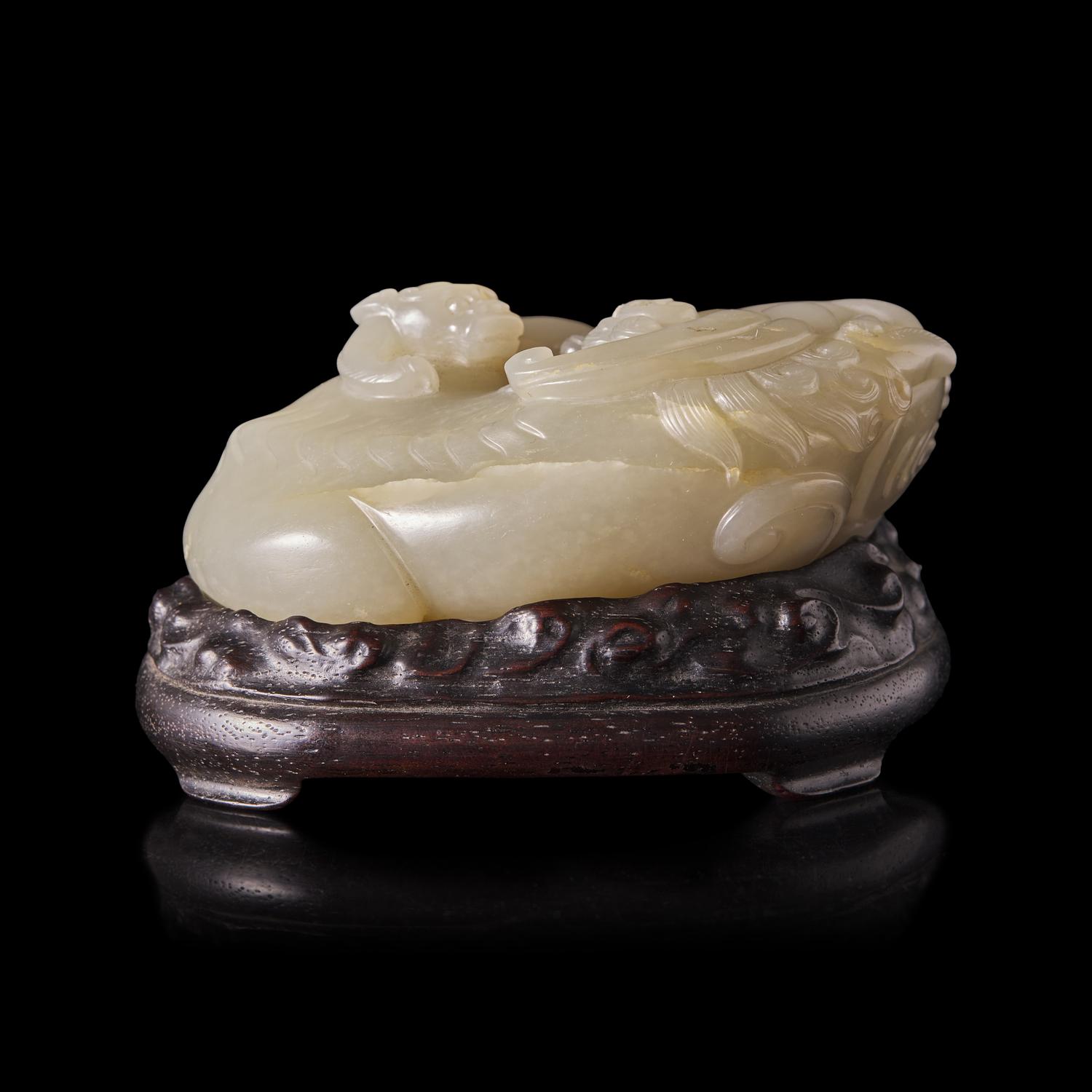 A Chinese Carved Greyish-White Jade Mythical Beasts Group 灰白玉太獅少獅
