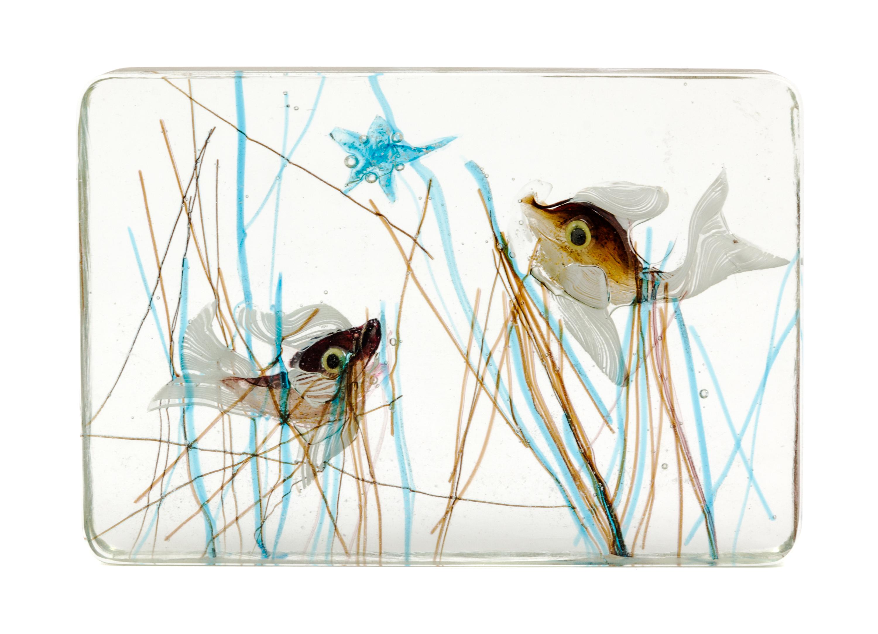 An Italian Glass Fish Tank Paperweight Width 6 3/4 inches.