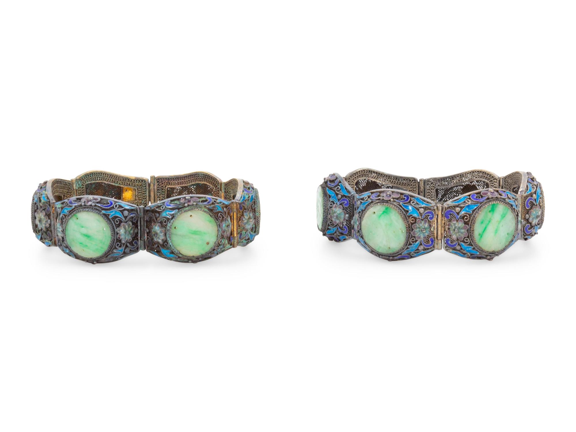 Two Chinese Jadeite Inset Enameled on Silver Bracelets