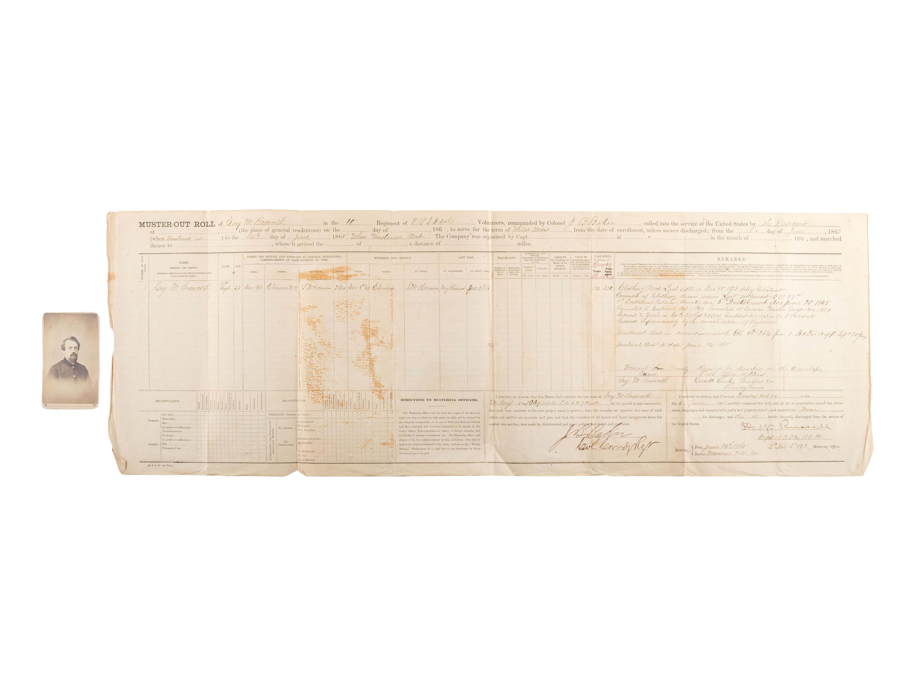[CIVIL WAR]. A group of 3 Union muster rolls representing the 50th New York Engineers, 10th New York Infantry, and 39th Massachusetts Volunteer Infantry.