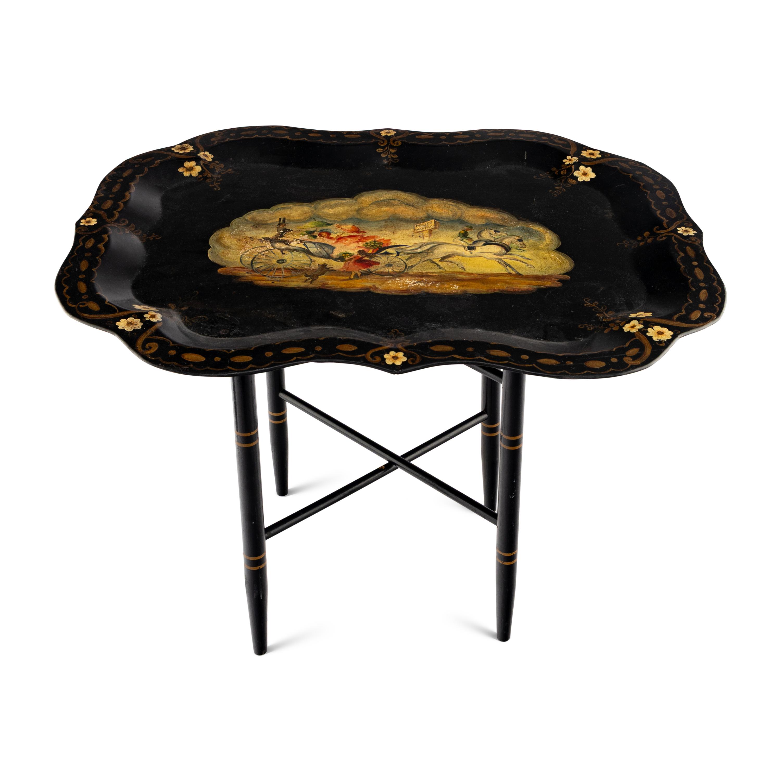 A Victorian Painted Tole Tray on Stand