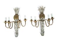 A Pair of Italian Gilt Bronze and Painted Tole Four-Arm Pineapple Sconces — 20TH CENTURY