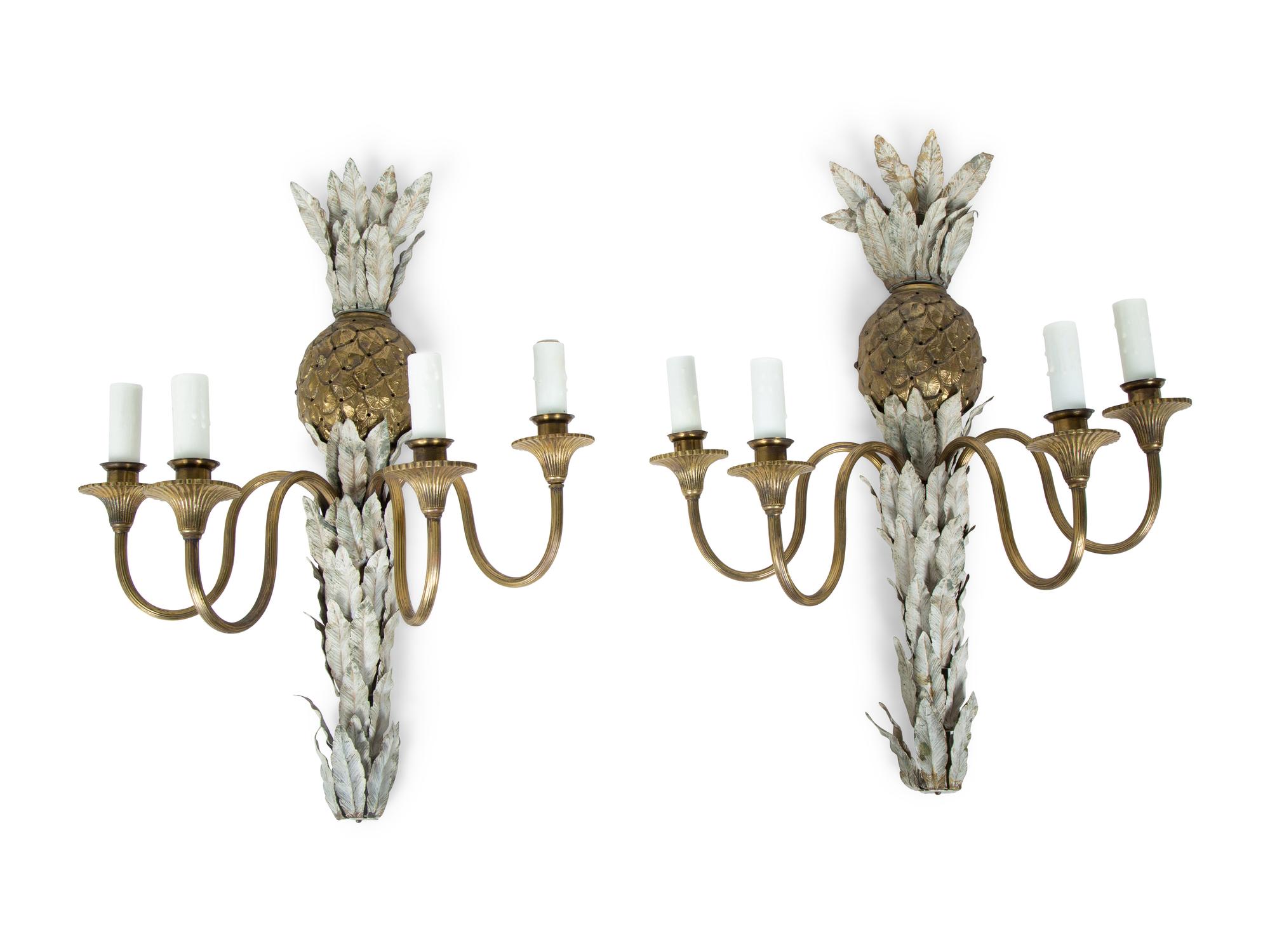 A Pair of Italian Gilt Bronze and Painted Tole Four-Arm Pineapple Sconces — 20TH CENTURY