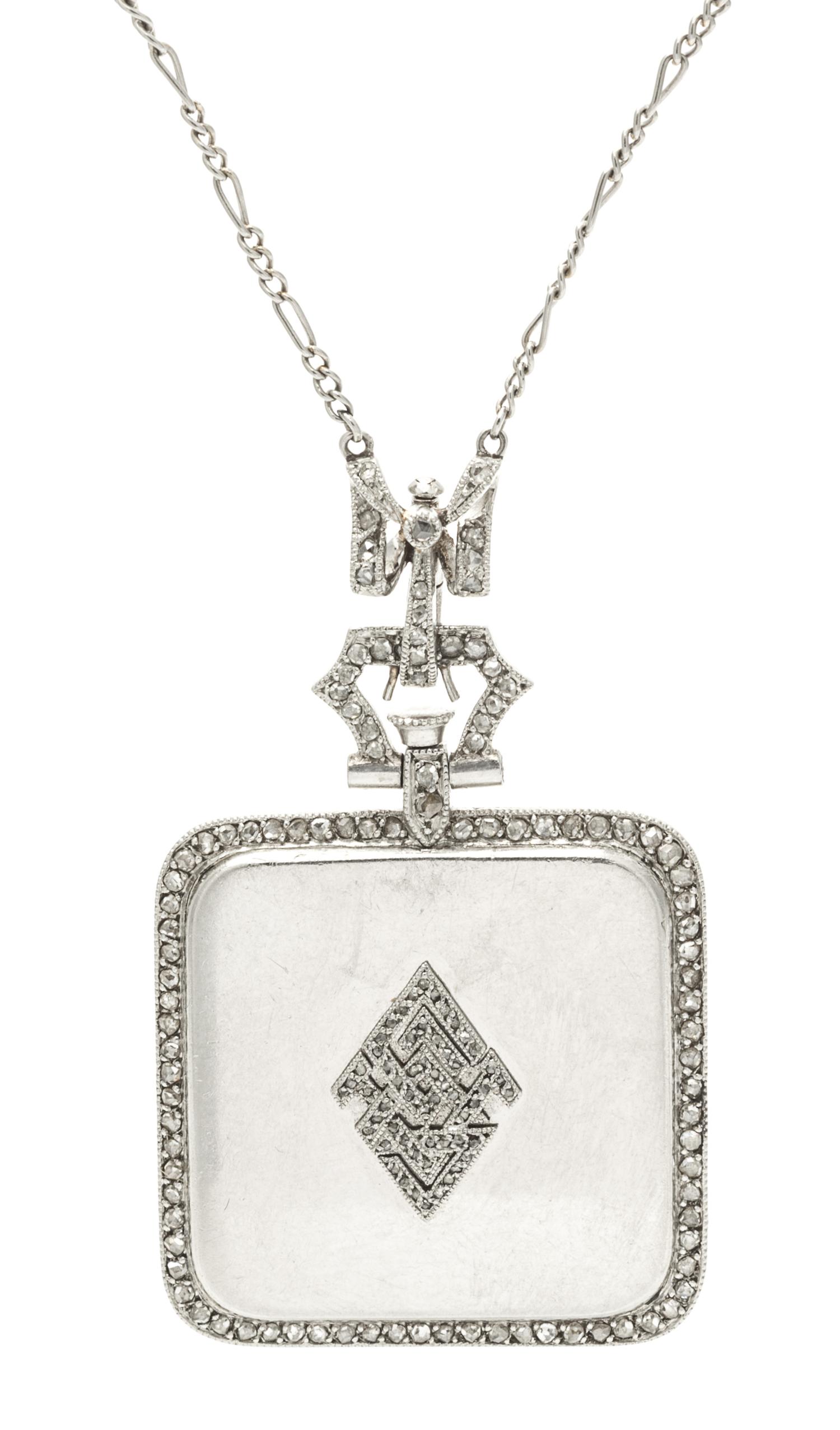 An Art Deco Platinum and Diamond Pendant Watch Necklace, French, 21.00 dwts.