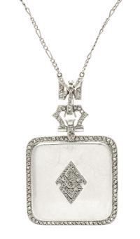 An Art Deco Platinum and Diamond Pendant Watch Necklace, French, 21.00 dwts.