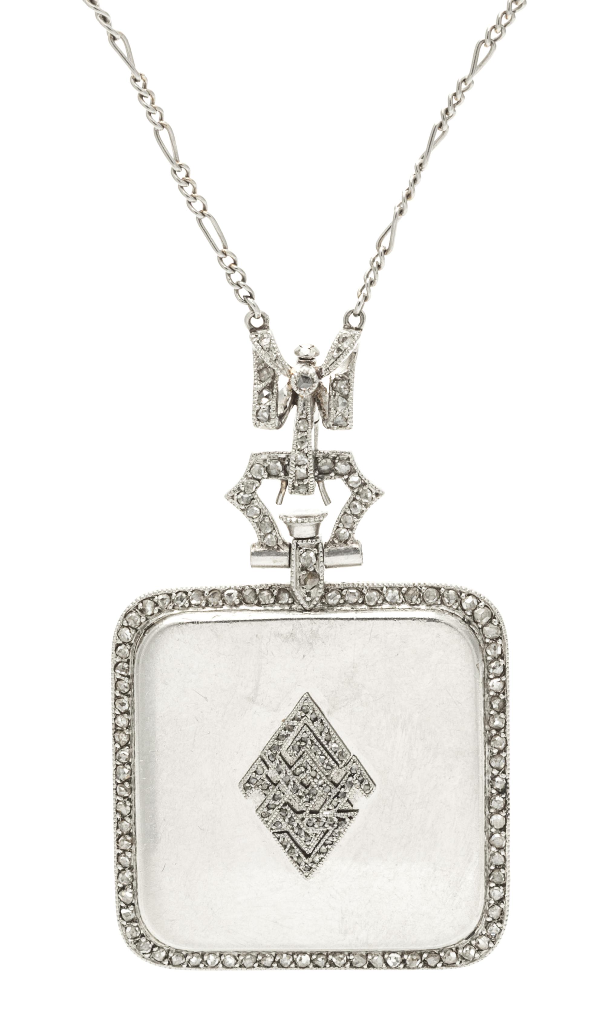 An Art Deco Platinum and Diamond Pendant Watch Necklace, French, 21.00 dwts.