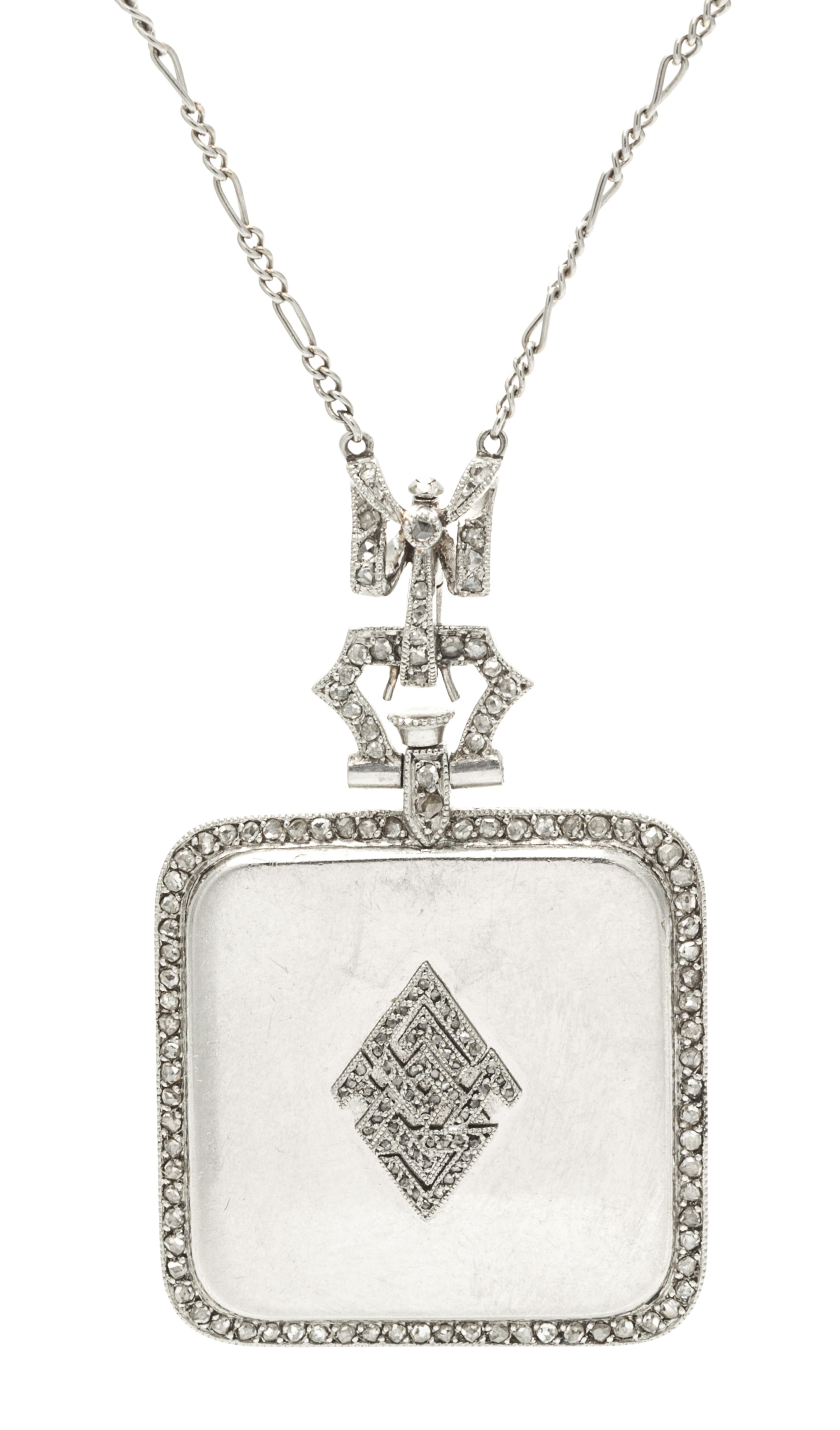 An Art Deco Platinum and Diamond Pendant Watch Necklace, French, 21.00 dwts.