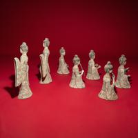 A Group of Seven Chinese Painted Pottery Figures of Musicians and Dancers, Sui-Tang Dynasty — 隋-唐 彩繪陶伎樂舞俑一組七件