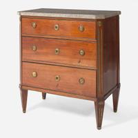 A French Directoire brass inlaid walnut commode with Derbyshire fossil top circa 1800