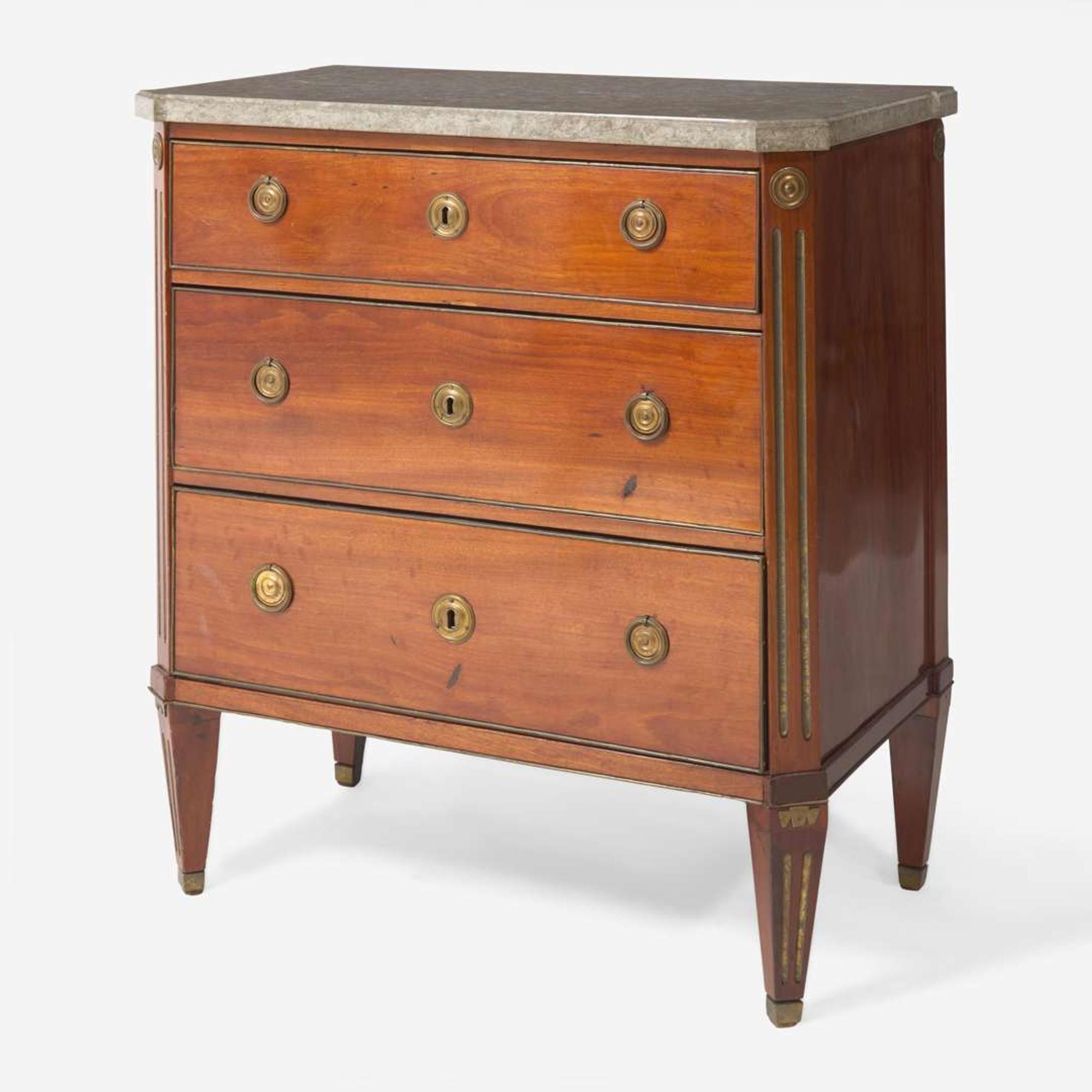 A French Directoire brass inlaid walnut commode with Derbyshire fossil top circa 1800