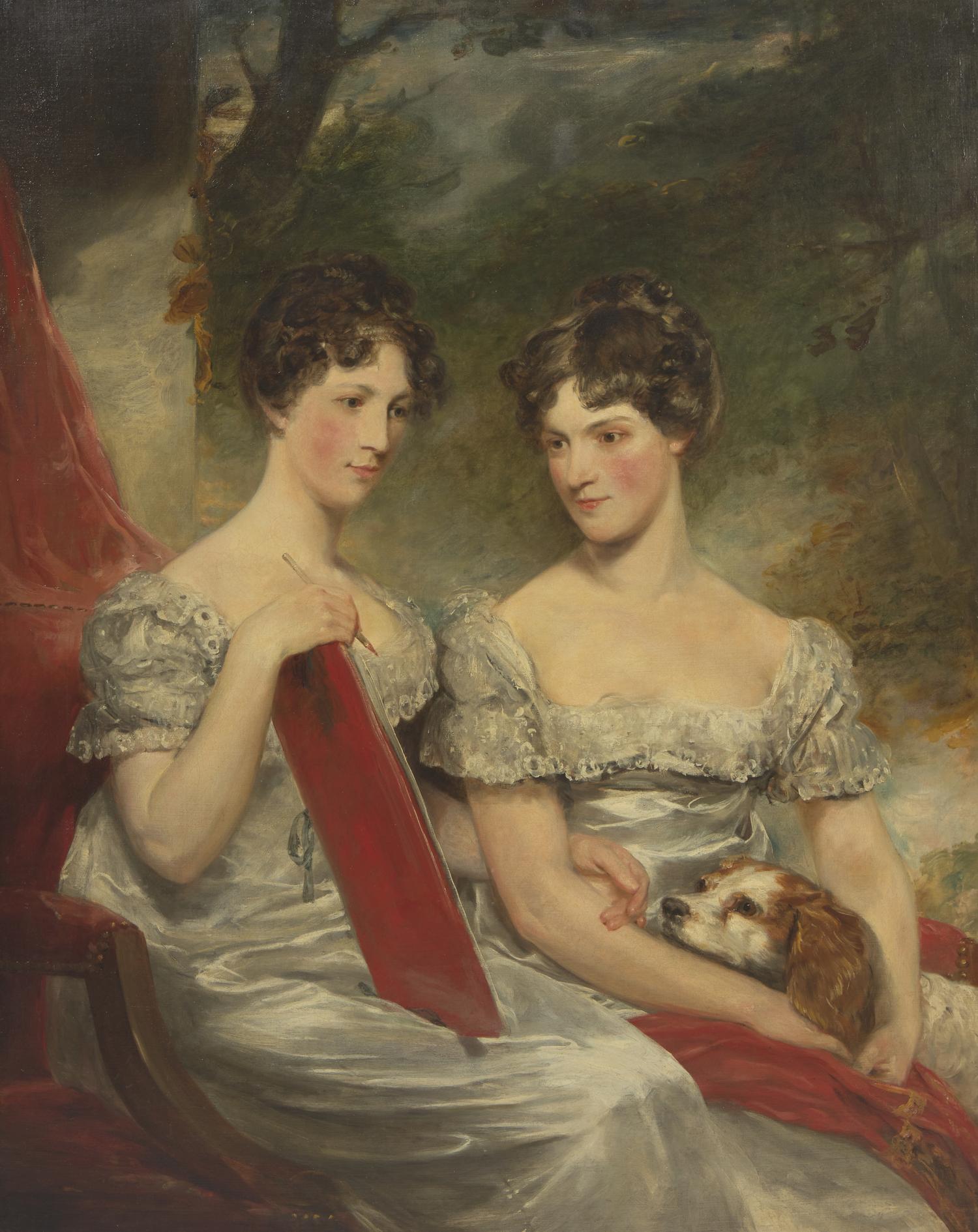 John Jackson, R.A. (English, 1778-1831, Portrait of Isabella and Elizabeth Wrightson and their Pet Spaniel , dated "1818"