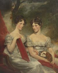 John Jackson, R.A. (English, 1778-1831, Portrait of Isabella and Elizabeth Wrightson and their Pet Spaniel , dated "1818"