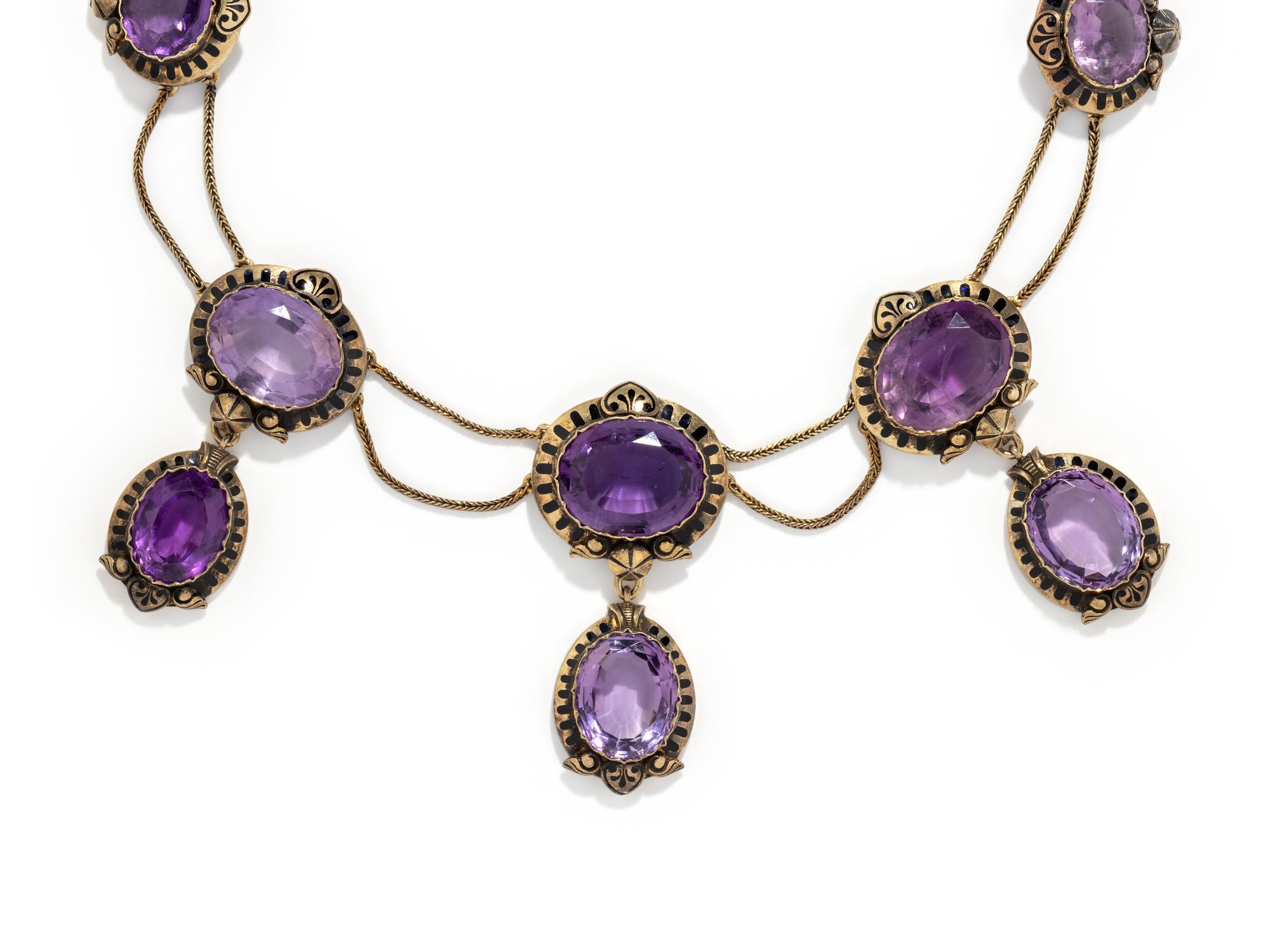 ANTIQUE, AMETHYST AND BLACK ENAMEL NECKLACE