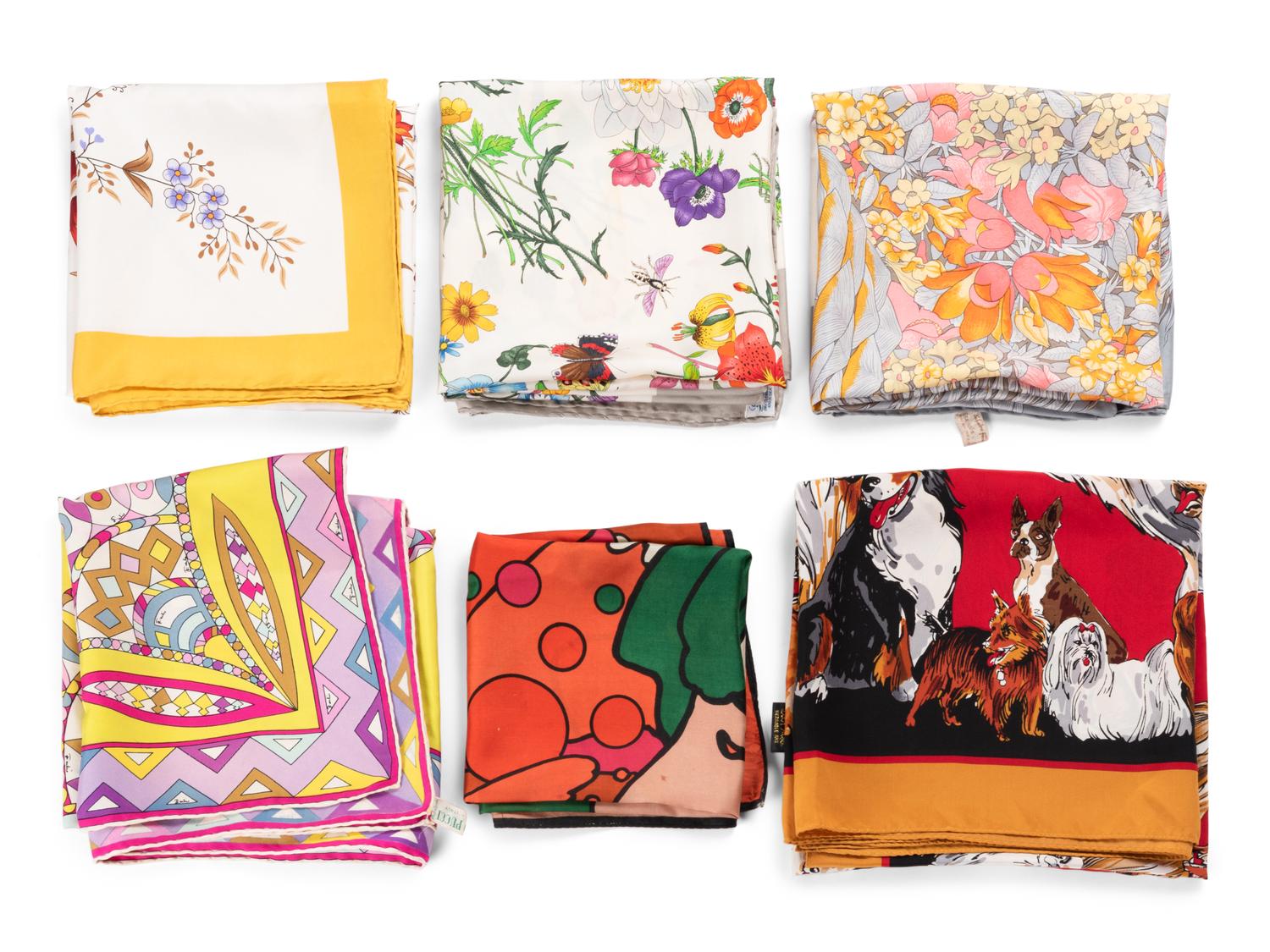Six Designer Scarves, Including Peter Max, Ferragamo, Pucci, Gucci, and Bob Mackie, 1960-90s