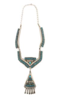 A Zuni Silver and Turquoise Needlepoint Necklace Length 20 inches; pendant length 3 inches.