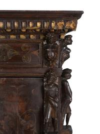 A Spanish Colonial Style Carved Oak and Painted Vargueno Cabinet on Base — 19TH CENTURY