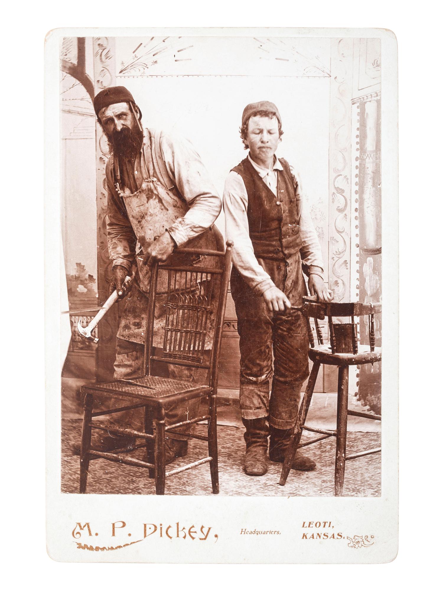 [EARLY PHOTOGRAPHY]. Dickey, M.P., photographer. Occupation cabinet card of two furniture makers. Leoti, Kansas.