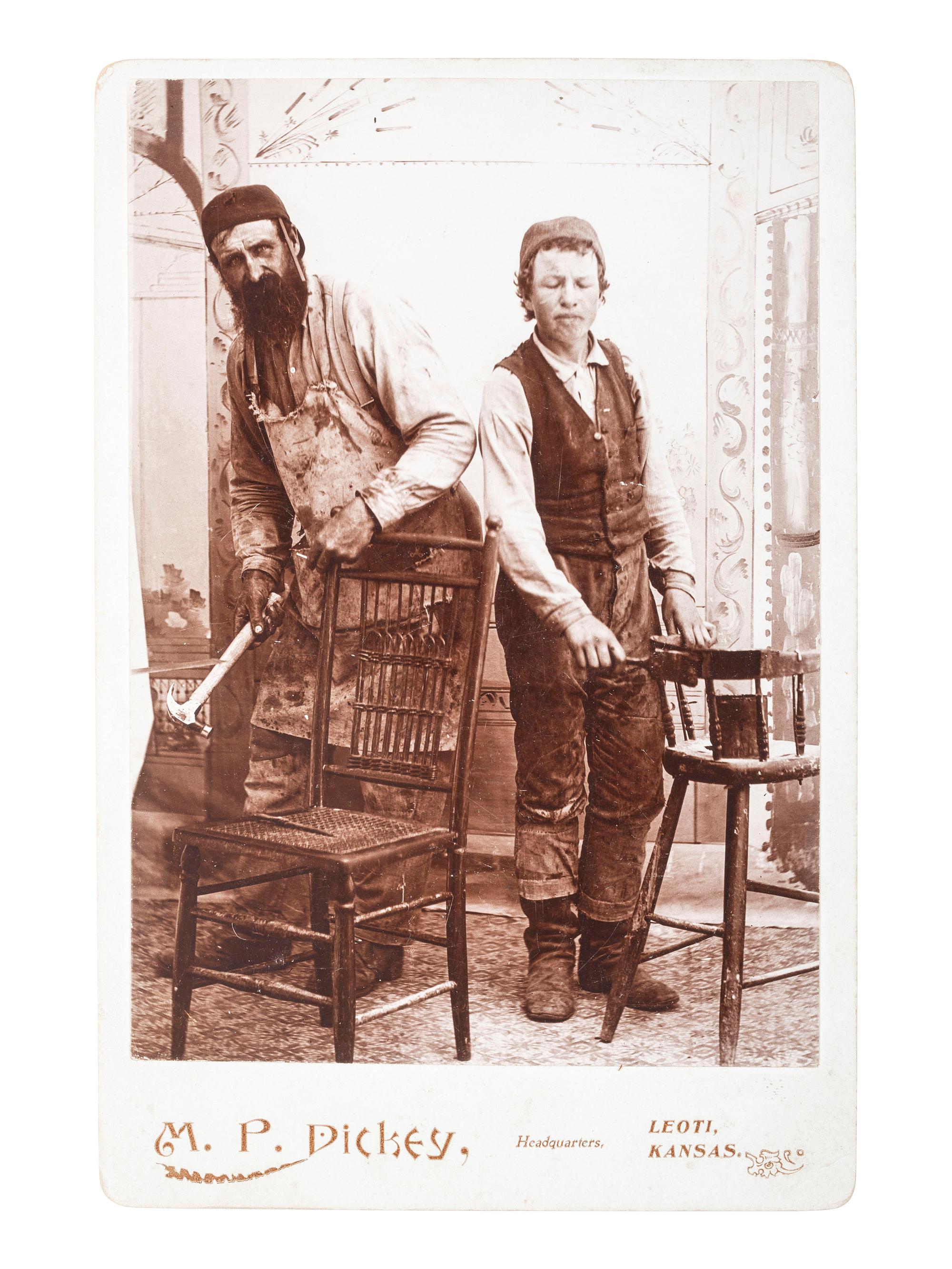 [EARLY PHOTOGRAPHY]. Dickey, M.P., photographer. Occupation cabinet card of two furniture makers. Leoti, Kansas.