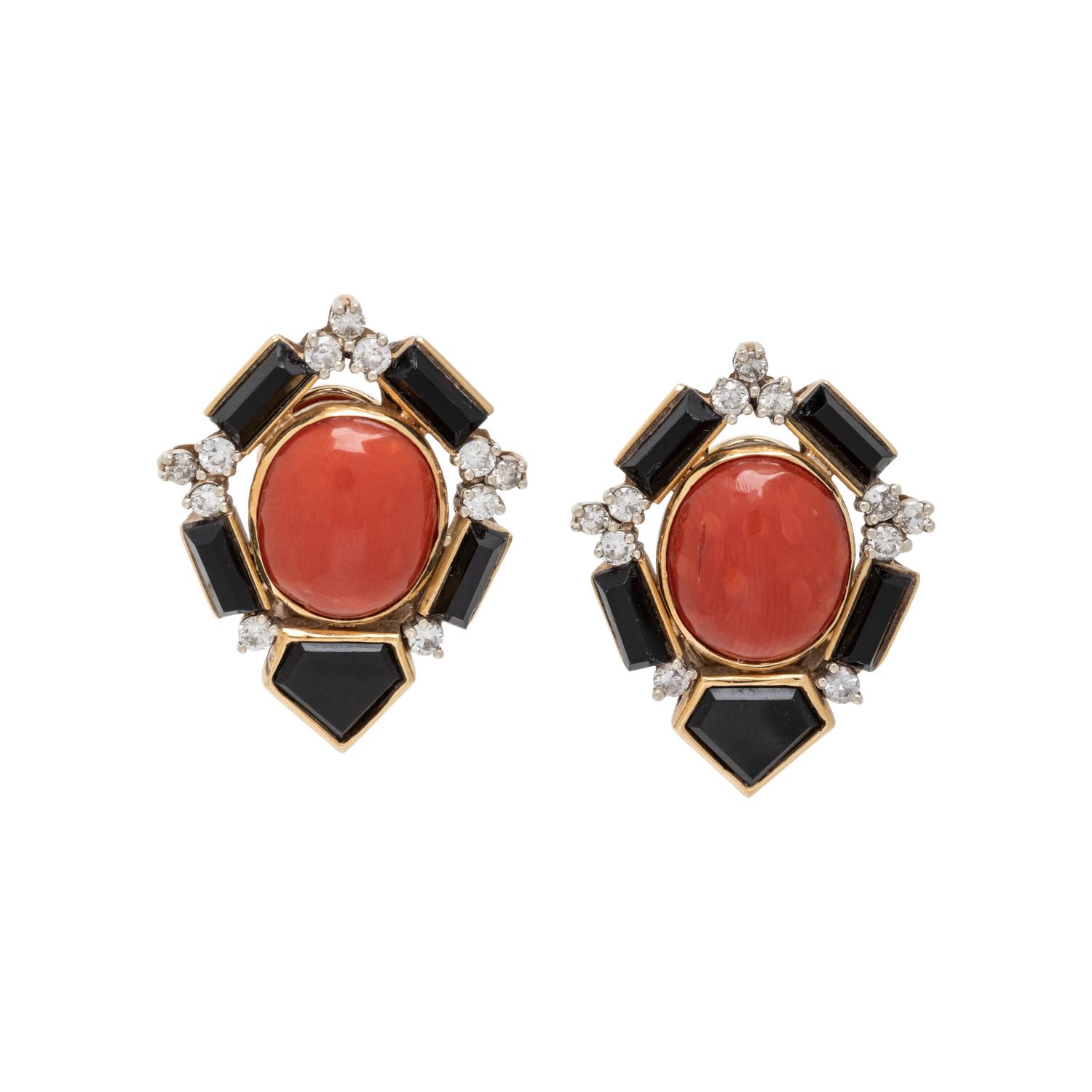 NIVA, CORAL, BLACK ONYX, AND DIAMOND EARRINGS