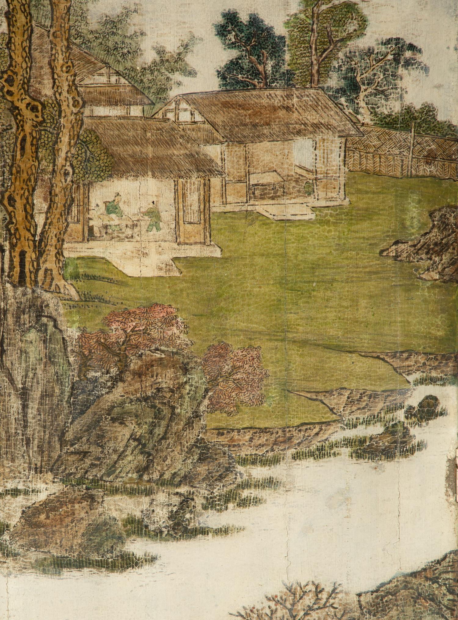 A Chinese Six-Panel Grey and Polychromed Lacquer Screen — 20th Century