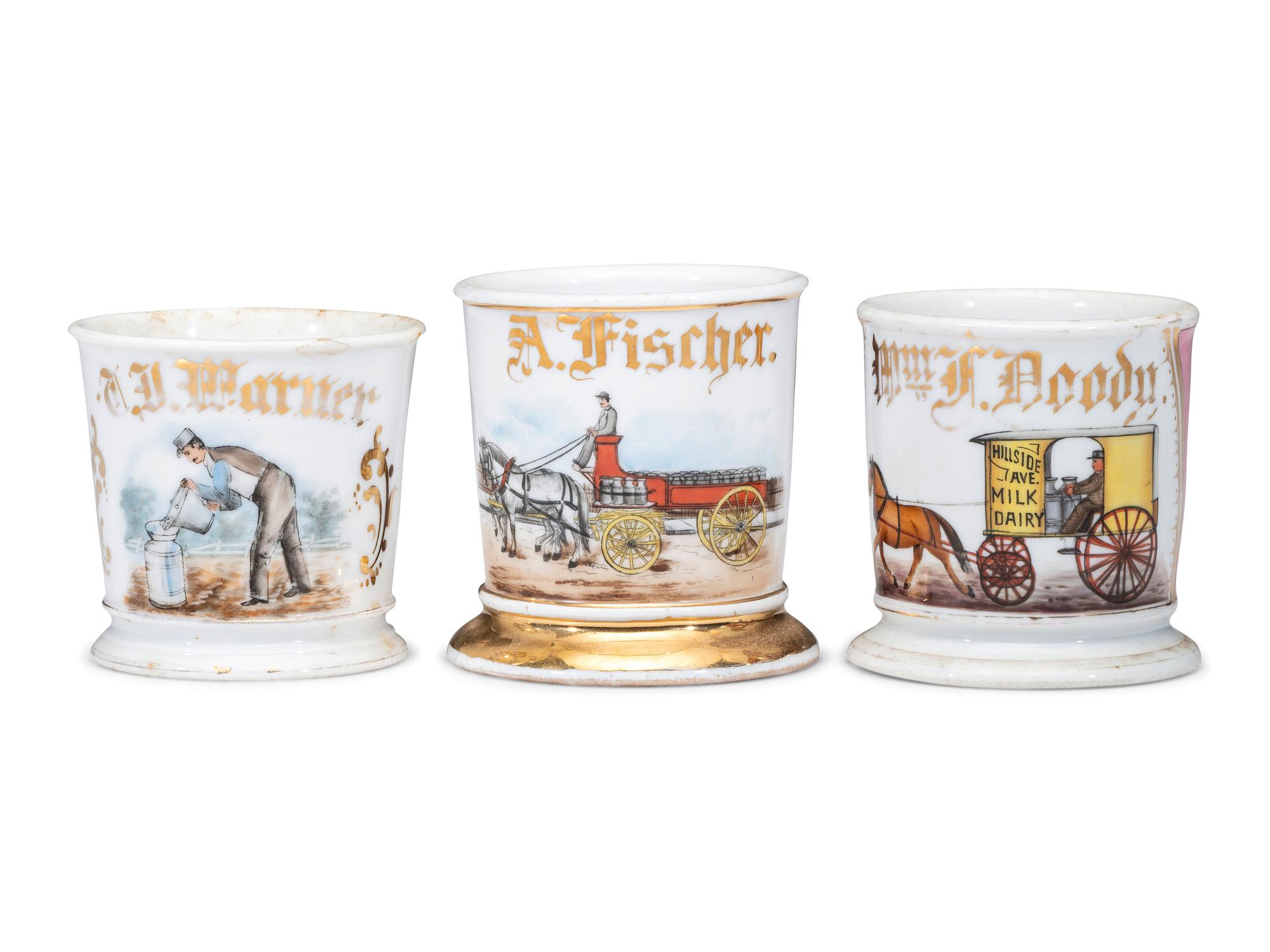 Three Milkman's Porcelain Occupational Shaving Mugs