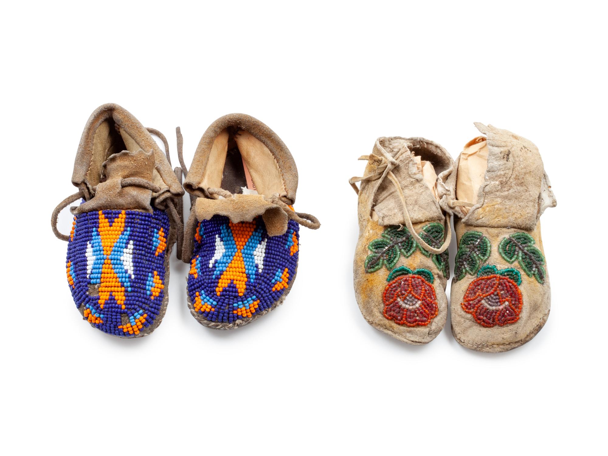Two Pairs of Northern Plains Child's Beaded Hide Moccasins